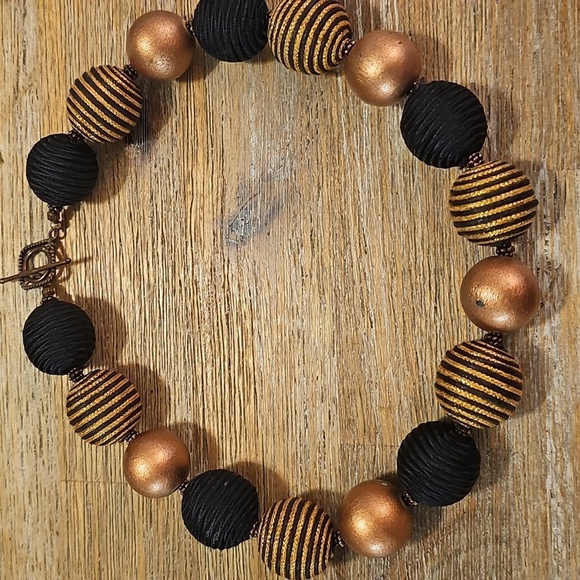 Woven Chunky Black and Gold Bead Statement Necklace - Picture 5 of 8